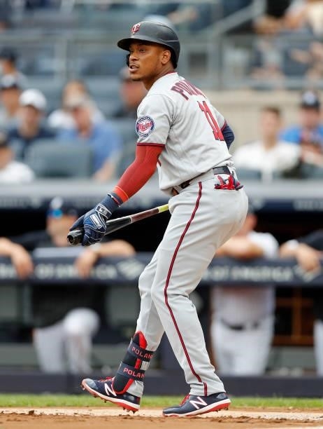 Jorge Polanco of the Minnesota Twins in action against the New York Yankees at Yankee Stadium on August 21, 2021 in New York City. The Yankees...