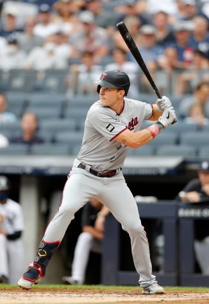 Max Kepler of the Minnesota Twins in action against the New York Yankees at Yankee Stadium on August 21, 2021 in New York City. The Yankees defeated...