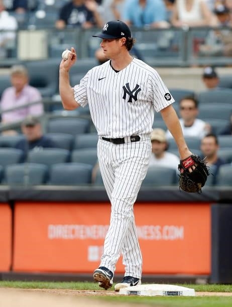 Gerrit Cole of the New York Yankees in action against the Minnesota Twins at Yankee Stadium on August 21, 2021 in New York City. The Yankees defeated...