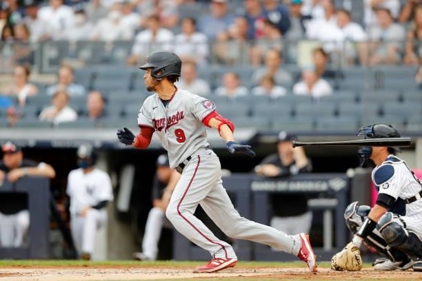 Andrelton Simmons of the Minnesota Twins in action against the New York Yankees at Yankee Stadium on August 21, 2021 in New York City. The Yankees...