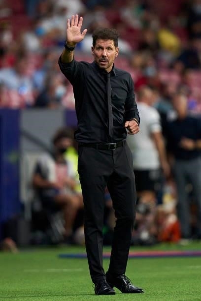 Diego Pablo Simenone head coach of Club Atletico de Madrid reacts during the La Liga Santander match between Club Atletico de Madrid and Elche CF at...