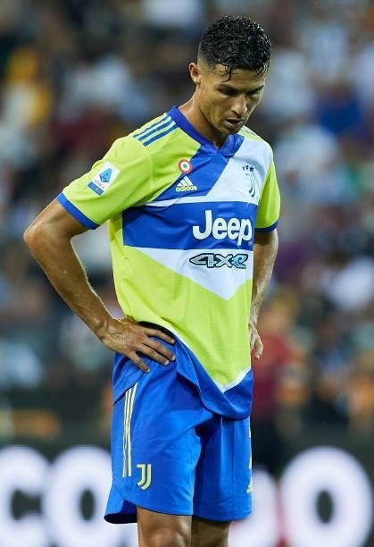 Cristiano Ronaldo of Juventus looks dejected during the Serie A match between Udinese Calcio v Juventus at Dacia Arena on August 22, 2021 in Udine,...