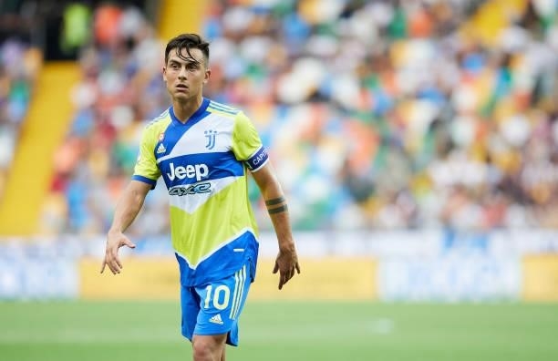 Paulo Dybala of Juventus looks on during the Serie A match between Udinese Calcio v Juventus at Dacia Arena on August 22, 2021 in Udine, Italy.