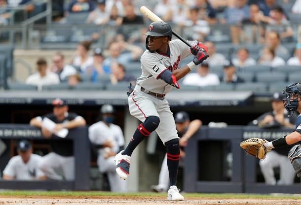 Nick Gordon of the Minnesota Twins in action against the New York Yankees at Yankee Stadium on August 21, 2021 in New York City. The Yankees defeated...