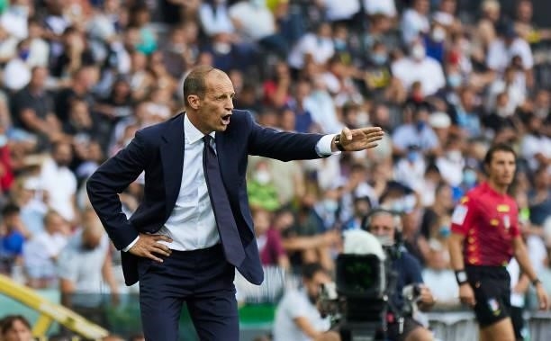Massimiliano Allegri, Manager of Juventus reacts during the Serie A match between Udinese Calcio v Juventus at Dacia Arena on August 22, 2021 in...