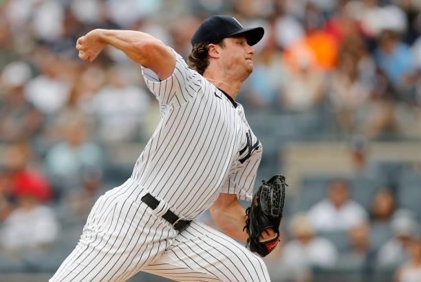 Gerrit Cole of the New York Yankees in action against the Minnesota Twins at Yankee Stadium on August 21, 2021 in New York City. The Yankees defeated...