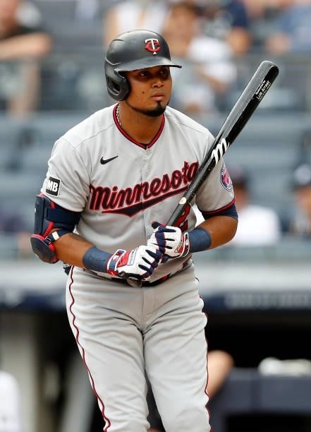 Luis Arraez of the Minnesota Twins in action against the New York Yankees at Yankee Stadium on August 21, 2021 in New York City. The Yankees defeated...