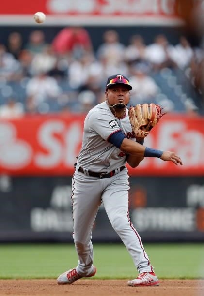 Luis Arraez of the Minnesota Twins in action against the New York Yankees at Yankee Stadium on August 21, 2021 in New York City. The Yankees defeated...