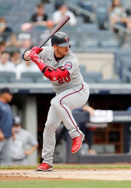 Josh Donaldson of the Minnesota Twins in action against the New York Yankees at Yankee Stadium on August 21, 2021 in New York City. The Yankees...