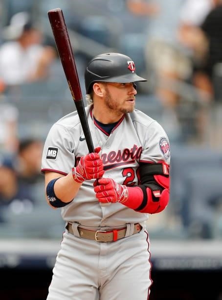 Josh Donaldson of the Minnesota Twins in action against the New York Yankees at Yankee Stadium on August 21, 2021 in New York City. The Yankees...