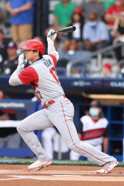 Shohei Ohtani of the Los Angeles Angels bats during the first inning against the Cleveland Indians in the 2021 Little League Classic at Bowman Field...