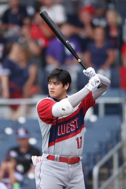 Shohei Ohtani of the Los Angeles Angels prepares to bat during the first inning against the Cleveland Indians in the 2021 Little League Classic at...