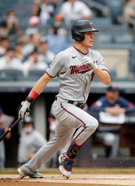Max Kepler of the Minnesota Twins in action against the New York Yankees at Yankee Stadium on August 21, 2021 in New York City. The Yankees defeated...