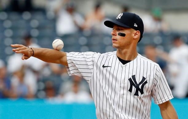 Andrew Velazquez of the New York Yankees in action against the Minnesota Twins at Yankee Stadium on August 21, 2021 in New York City. The Yankees...