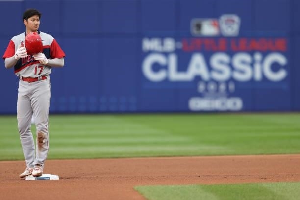 Shohei Ohtani of the Los Angeles Angels stands on second base during the first inning against the Cleveland Indians in the 2021 Little League Classic...