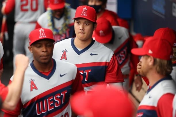 Shohei Ohtani of the Los Angeles Angels looks on before playing against the Cleveland Indians in the 2021 Little League Classic at Bowman Field on...