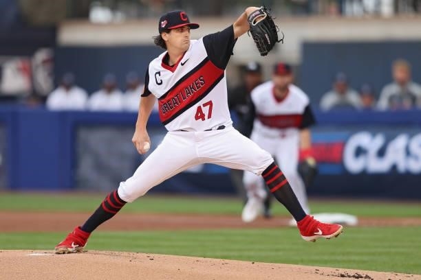 Starting pitcher Cal Quantrill of the Cleveland Indians works the first inning against the Los Angeles Angels in the 2021 Little League Classic at...