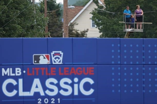 Fans watch as the Cleveland Indians play against the Los Angeles Angels in the 2021 Little League Classic at Bowman Field on August 22, 2021 in South...