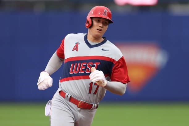 Shohei Ohtani of the Los Angeles Angels runs the bases during the first inning against the Cleveland Indians in the 2021 Little League Classic at...