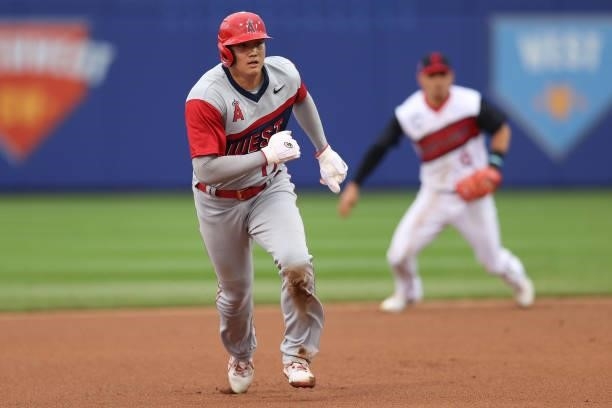 Shohei Ohtani of the Los Angeles Angels runs the bases during the first inning against the Cleveland Indians in the 2021 Little League Classic at...