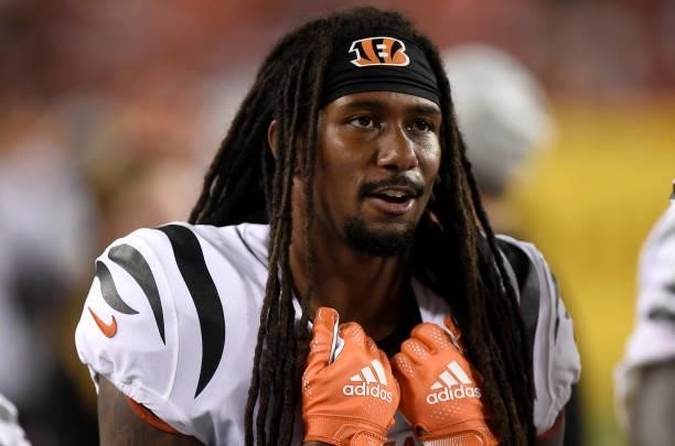 Trae Waynes of the Cincinnati Bengals watches during the NFL preseason game against the Washington Football Team at FedExField on August 20, 2021 in...