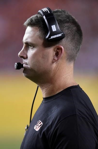 Head coach Zac Taylor of the Cincinnati Bengals watches the NFL preseason game against the Washington Football Team in the first half at FedExField...
