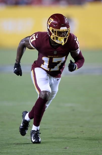 Terry McLaurin of the Washington Football Team runs a pass route during the NFL preseason game against the Cincinnati Bengals at FedExField on August...