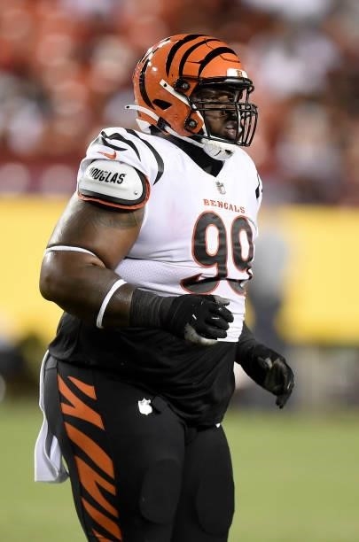 Tyler Shelvin of the Cincinnati Bengals walks to the sideline during the NFL preseason game against the Washington Football Team at FedExField on...