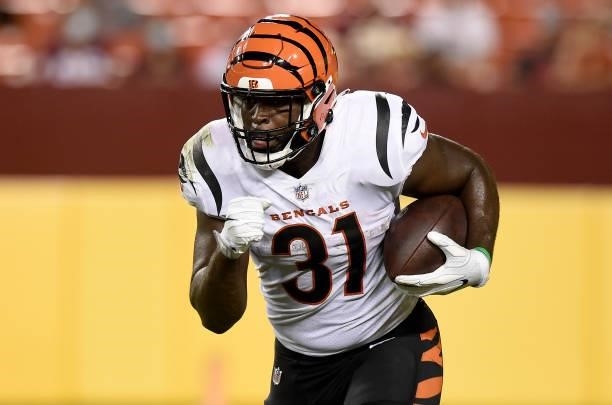 Jacques Patrick of the Cincinnati Bengals rushes the ball during the NFL preseason game against the Washington Football Team at FedExField on August...