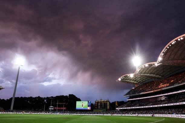 General view of play during the round 23 AFL match between Adelaide Crows and North Melbourne Kangaroos at Adelaide Oval on August 22, 2021 in...