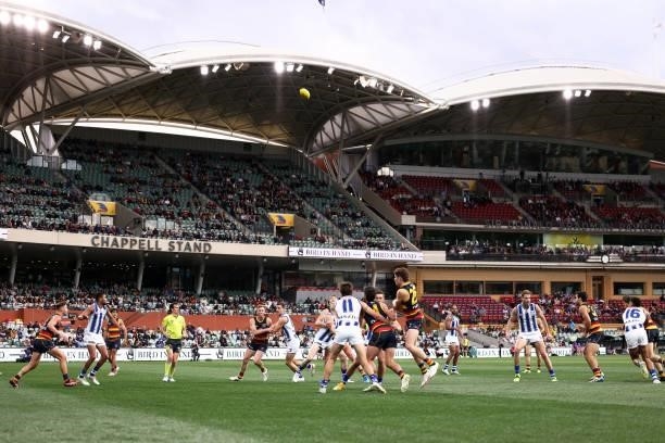 General view of play during the round 23 AFL match between Adelaide Crows and North Melbourne Kangaroos at Adelaide Oval on August 22, 2021 in...