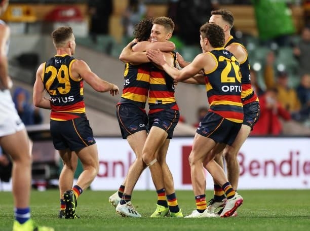 David Mackay of the Crows celebrates after kicking a goal during the round 23 AFL match between Adelaide Crows and North Melbourne Kangaroos at...