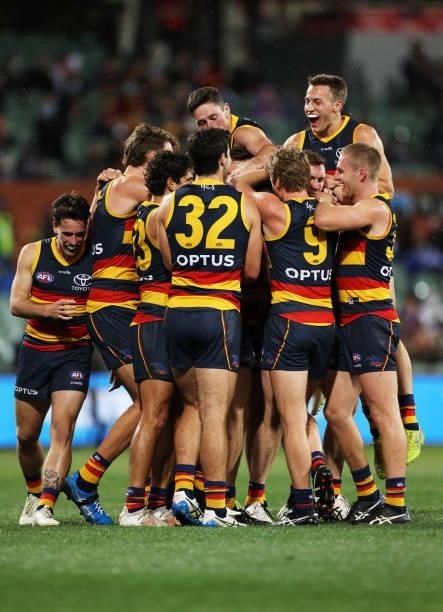 Lachlan Gollant of the Crows celebrates after kicking a goal during the round 23 AFL match between Adelaide Crows and North Melbourne Kangaroos at...
