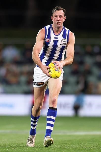 Todd Goldstein of the Kangaroos runs with the ball during the round 23 AFL match between Adelaide Crows and North Melbourne Kangaroos at Adelaide...