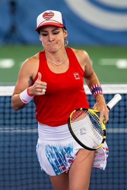 Bethanie Mattek-Sands of USA gives Shelby Rogers of USA a thumbs up during their doubles match against Maria Mateas of USA and Yaroslava Shvedova of...