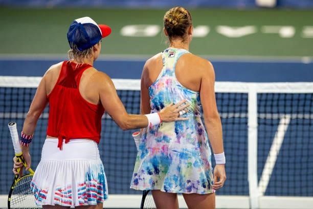 Bethanie Mattek-Sands of USA and Shelby Rogers of USA celebrate after winning their doubles match against Maria Mateas of USA and Yaroslava Shvedova...