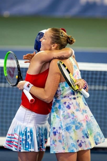 Bethanie Mattek-Sands of USA and Shelby Rogers of USA hug after winning their doubles match against Maria Mateas of USA and Yaroslava Shvedova of...