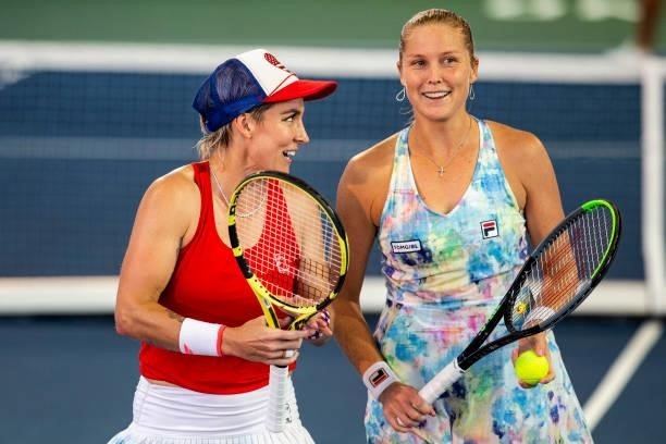 Bethanie Mattek-Sands of USA celebrates with Shelby Rogers of USA during their doubles match against Maria Mateas of USA and Yaroslava Shvedova of...