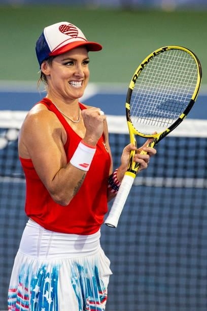Bethanie Mattek-Sands of USA celebrates at Shelby Rogers of USA after winning their doubles match against Maria Mateas of USA and Yaroslava Shvedova...
