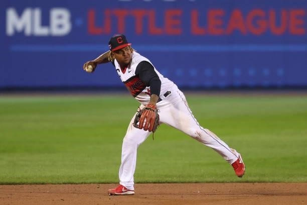 Jose Ramirez of the Cleveland Indians makes a play during the ninth inning against the Los Angeles Angels in the 2021 Little League Classic at Bowman...