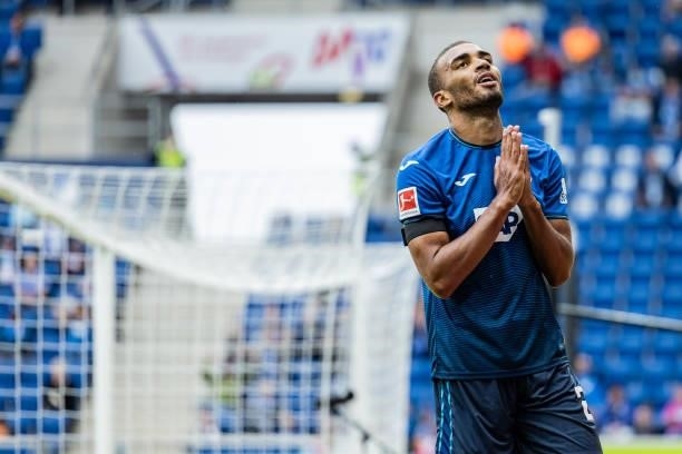 Kevin Akpoguma of Hoffenheim reacts during the Bundesliga match between TSG Hoffenheim and 1. FC Union Berlin at PreZero-Arena on August 22, 2021 in...