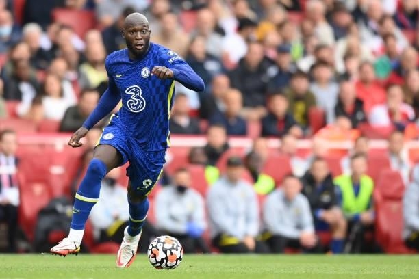 Romelu Lukaku of Chelsea in action during the Premier League match between Arsenal and Chelsea at Emirates Stadium on August 22, 2021 in London,...
