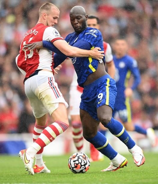 Romelu Lukaku of Chelsea and Rob Holding of Arsenal in action during the Premier League match between Arsenal and Chelsea at Emirates Stadium on...