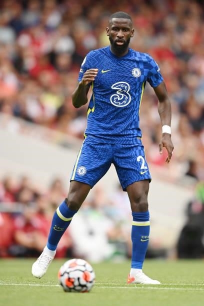 Antonio Rudiger of Chelsea in action during the Premier League match between Arsenal and Chelsea at Emirates Stadium on August 22, 2021 in London,...