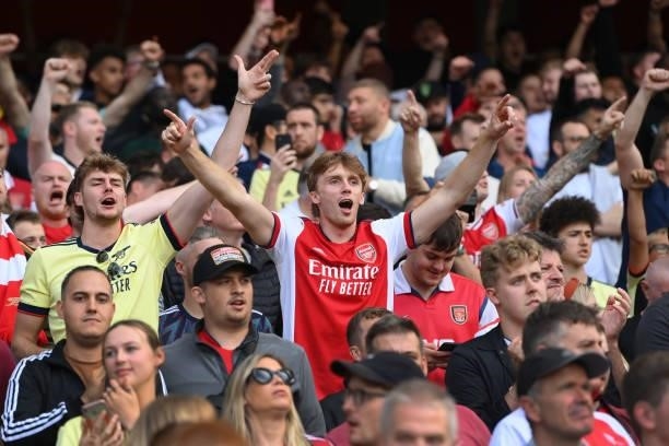 Arsenal fans during the Premier League match between Arsenal and Chelsea at Emirates Stadium on August 22, 2021 in London, England.