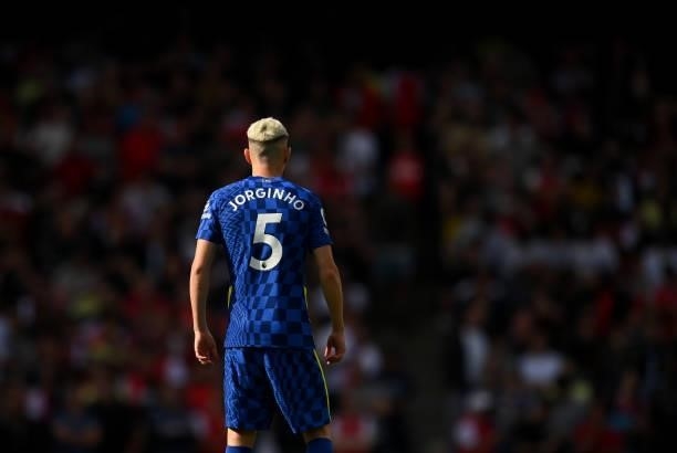 Jorginho of Chelsea in action during the Premier League match between Arsenal and Chelsea at Emirates Stadium on August 22, 2021 in London, England.