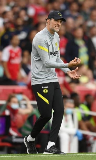 Chelsea manager Thomas Tuchel in action during the Premier League match between Arsenal and Chelsea at Emirates Stadium on August 22, 2021 in London,...