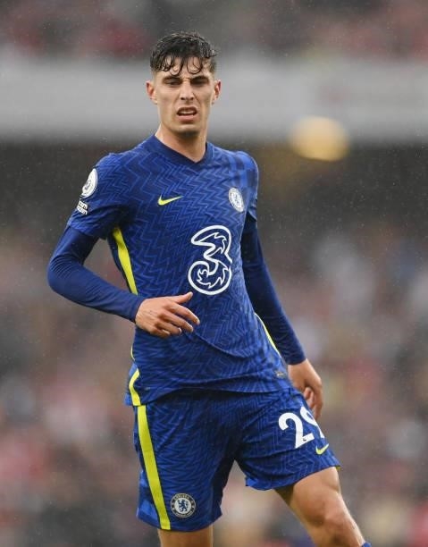 Kai Havertz of Chelsea in action during the Premier League match between Arsenal and Chelsea at Emirates Stadium on August 22, 2021 in London,...