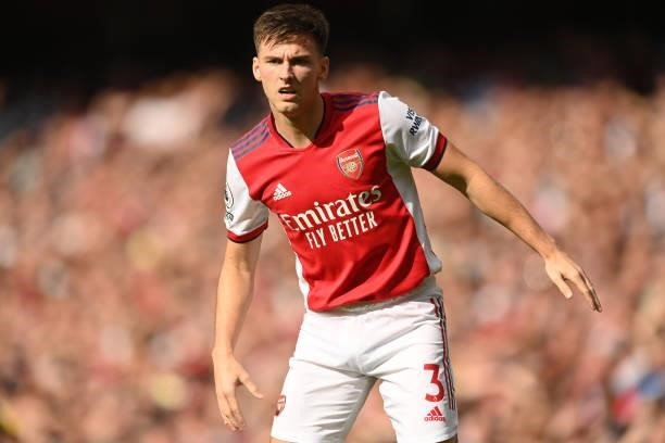 Kieran Tierney of Arsenal in action during the Premier League match between Arsenal and Chelsea at Emirates Stadium on August 22, 2021 in London,...