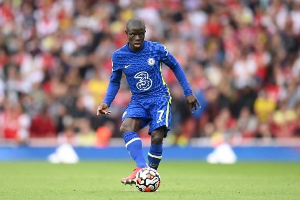 Ngolo Kante of Chelsea in action during the Premier League match between Arsenal and Chelsea at Emirates Stadium on August 22, 2021 in London,...